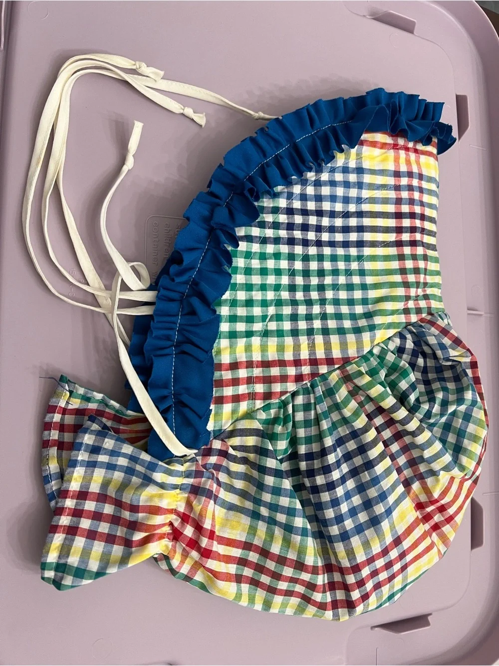 Vintage Appalachian Multicolor Gingham Bonnet with Blue Ruffle Trim